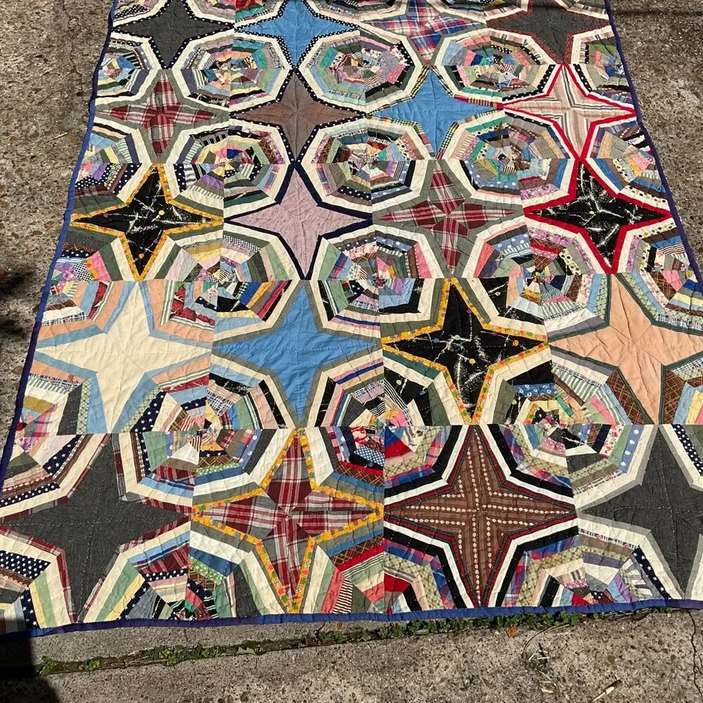 Vintage QUILT  Spider Web Octagon Blocks Boho Prints van life Hand Stitch 82x 65